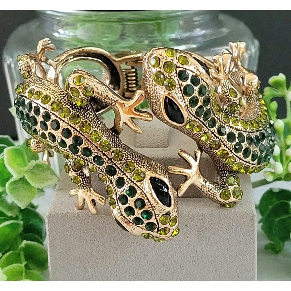 Green Rhinestone Gecko Hinged Cuff Bracelet Gold Tone Figural Statement